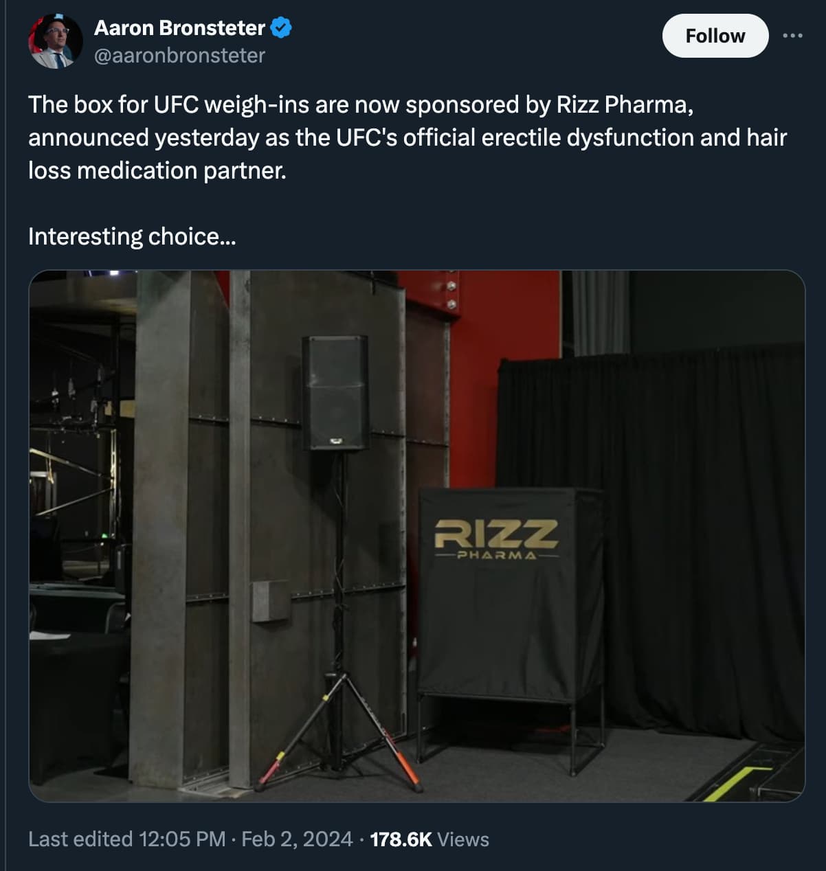 banner - Aaron Bronsteter The box for Ufc weighins are now sponsored by Rizz Pharma, announced yesterday as the Ufc's official erectile dysfunction and hair loss medication partner. Interesting choice... Rizz Pharma Last edited Views